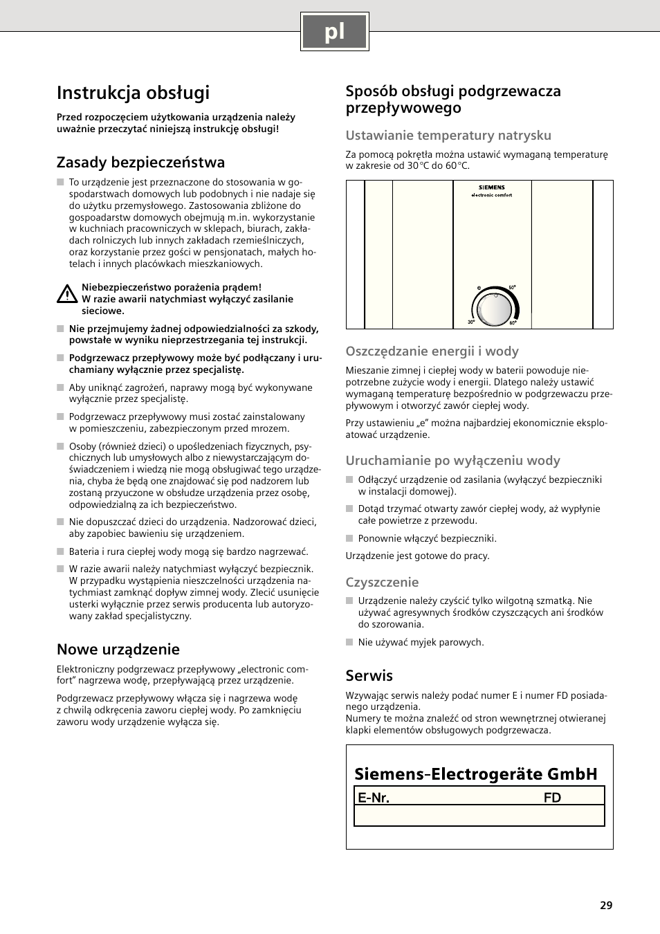 Instrukcja obsługi, Zasady bezpieczeństwa, Nowe urządzenie | Sposób obsługi podgrzewacza przepływowego, Serwis, Ustawianie temperatury natrysku, Oszczędzanie energii i wody, Uruchamianie po wyłączeniu wody, Czyszczenie | Siemens DE1821415 User Manual | Page 37 / 52