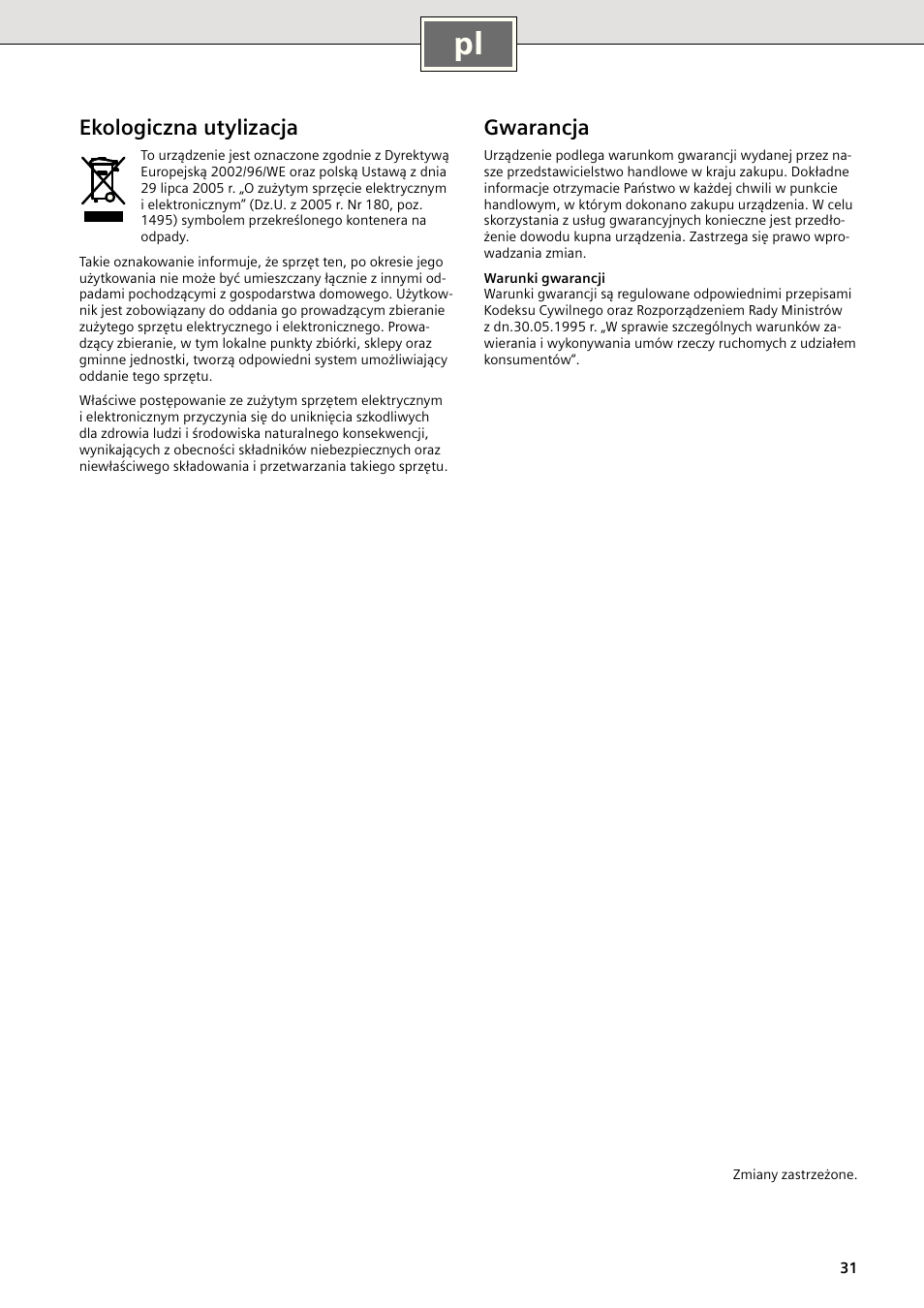 Ekologiczna utylizacja, Gwarancja | Siemens DE1821415 User Manual | Page 39 / 52