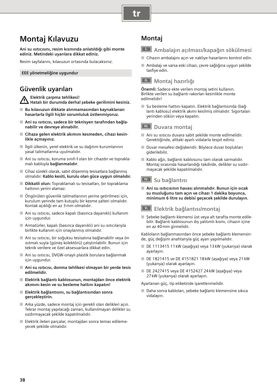 Montaj kılavuzu, Güvenlik uyarıları, Montaj | Ambalajın açılması/kapağın sökülmesi, Montaj hazırlığı, Duvara montaj, Su bağlantısı, Elektrik bağlantısı/montaj | Siemens DE1821415 User Manual | Page 46 / 52
