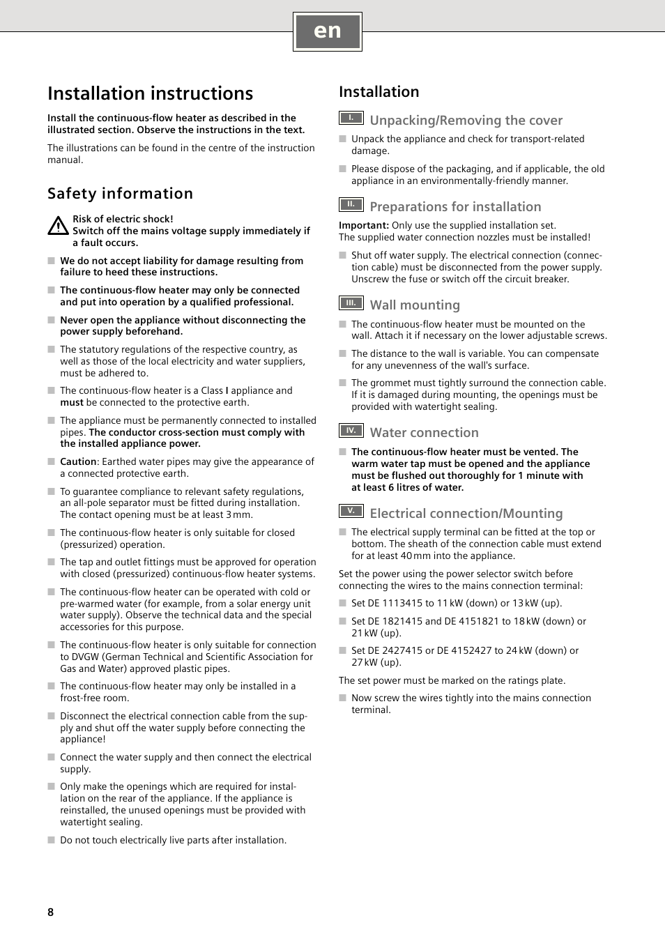 Installation instructions, Safety information, Installation | Unpacking/removing the cover, Preparations for installation, Wall mounting, Water connection, Electrical connection/mounting | Siemens DE1821415 User Manual | Page 8 / 52