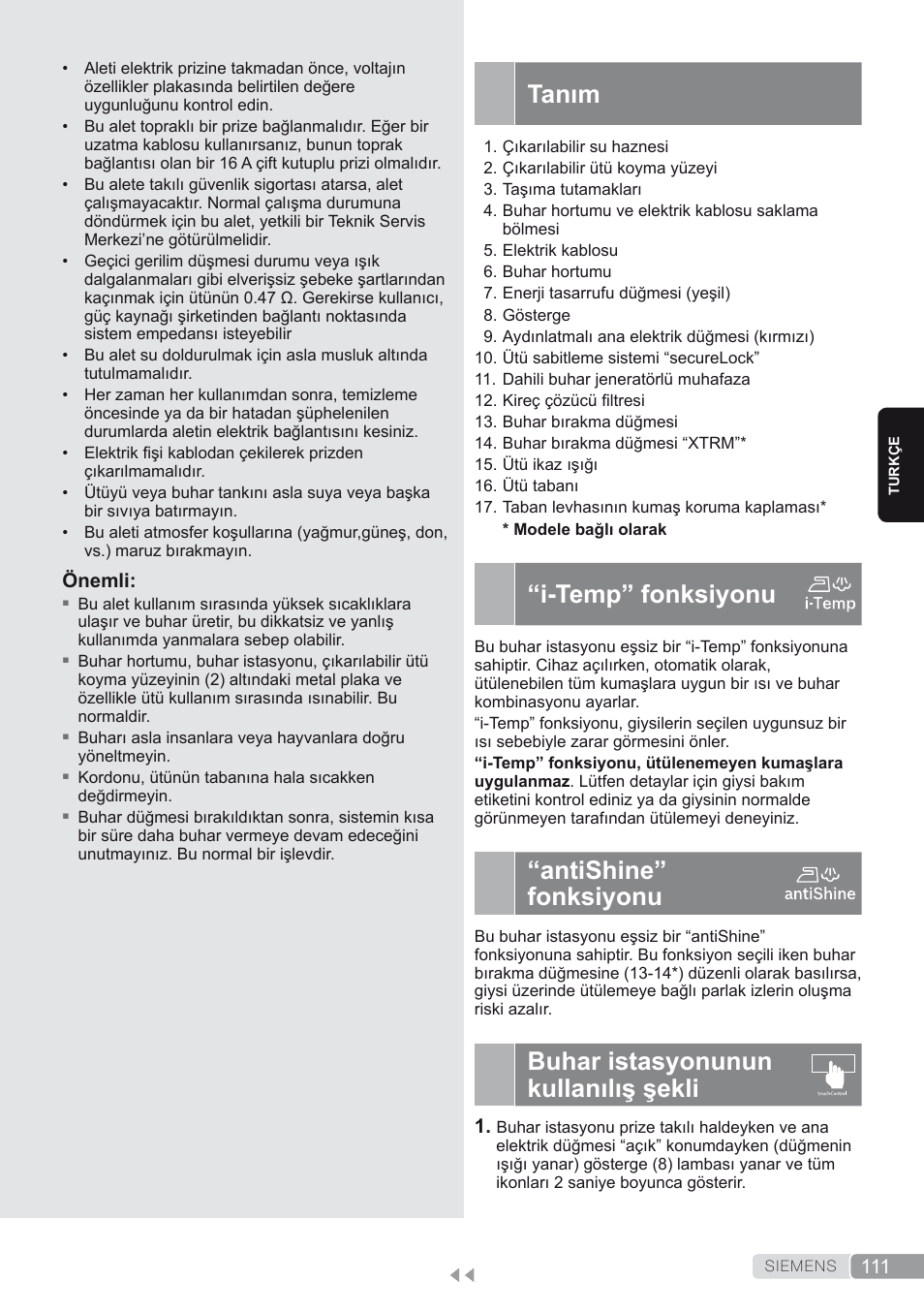 Tanım, I-temp” fonksiyonu, Antishine” fonksiyonu | Buhar istasyonunun kullanılış şekli | Siemens TS45450 User Manual | Page 111 / 172