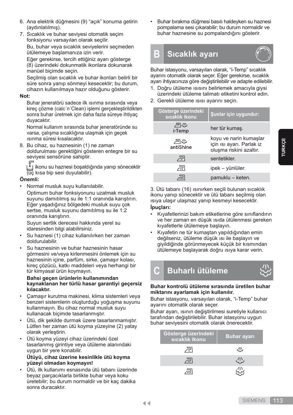 B. sıcaklık ayarı, C. buharlı ütüleme, Sıcaklık ayarı | Buharlı ütüleme | Siemens TS45450 User Manual | Page 113 / 172