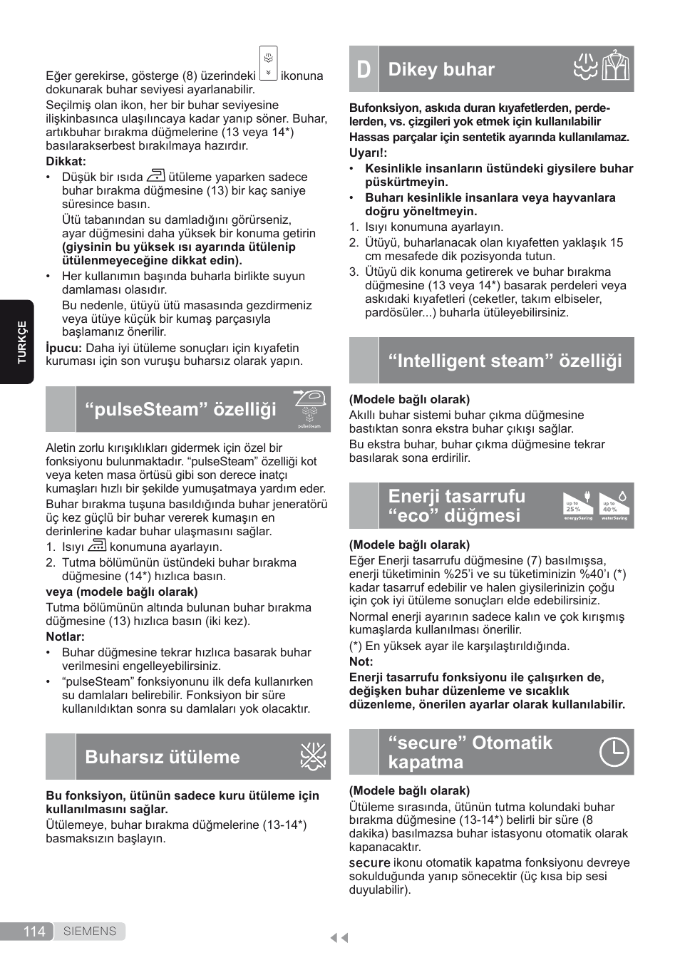 Pulsesteam” özelliği, Buharsız ütüleme, D. dikey buhar | Intelligent steam” özelliği, Enerji tasarrufu “eco” düğmesi, Secure” otomatik kapatma, Dikey buhar | Siemens TS45450 User Manual | Page 114 / 172