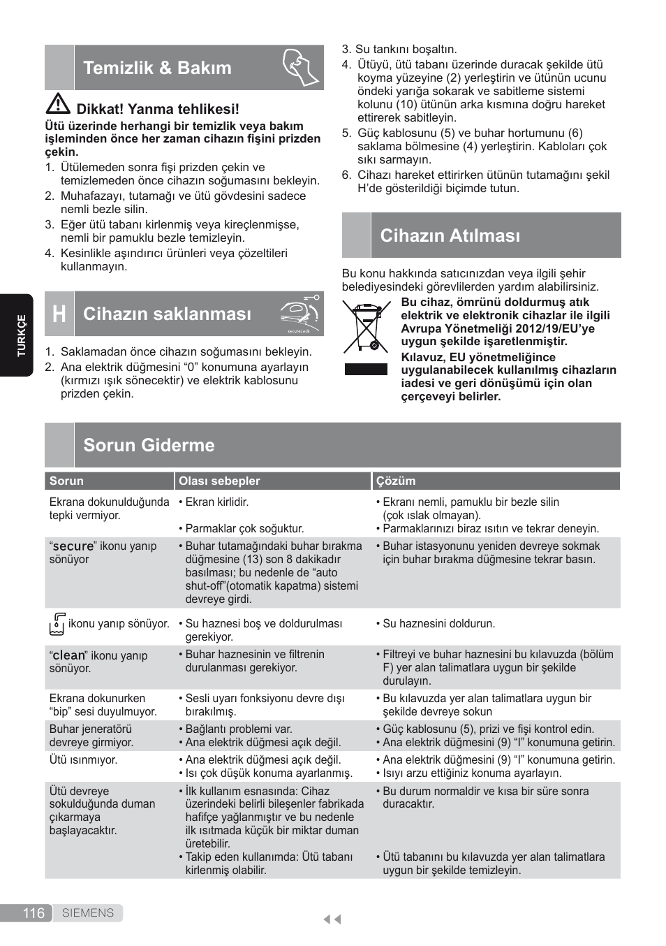 Temizlik & bakım, H. cihazın saklanması, Cihazın atılması | Sorun giderme, Cihazın saklanması | Siemens TS45450 User Manual | Page 116 / 172