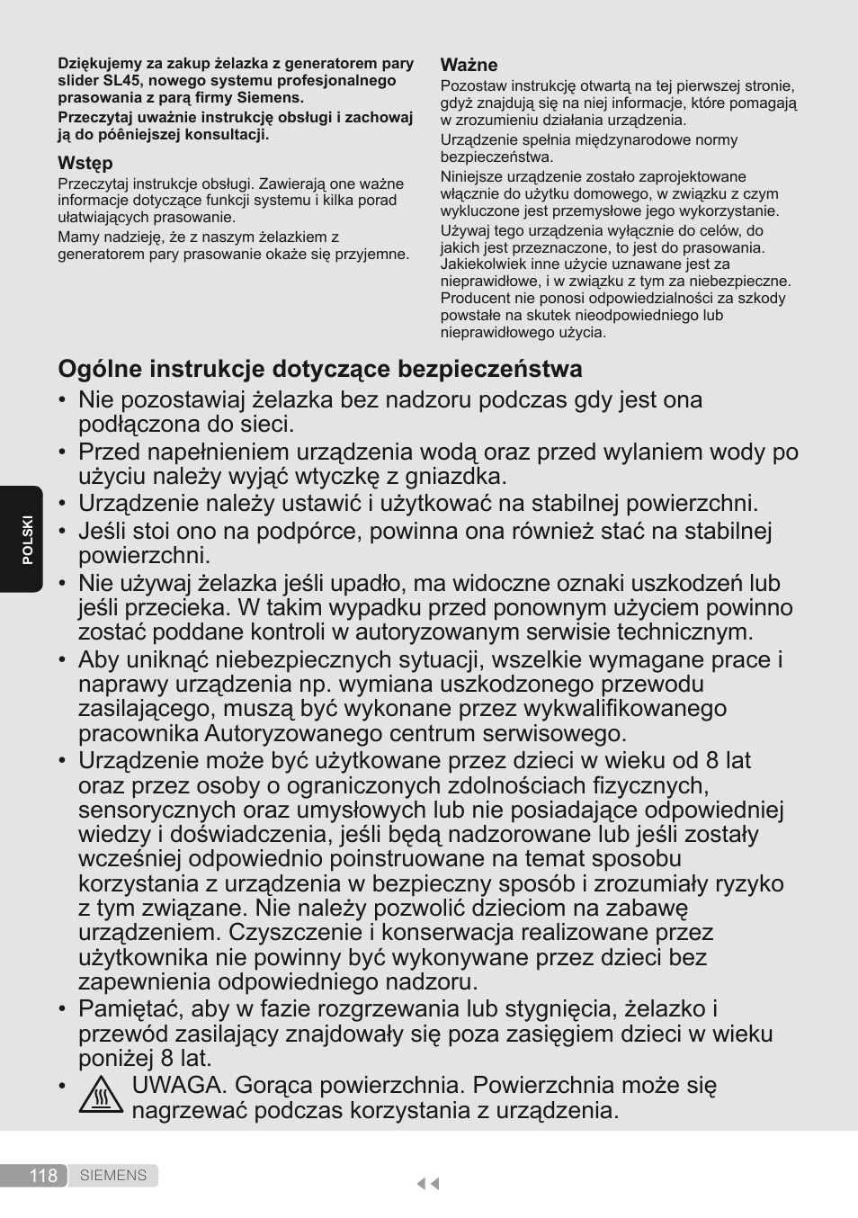Polski, Ogólne instrukcje dotyczące bezpieczeństwa | Siemens TS45450 User Manual | Page 118 / 172