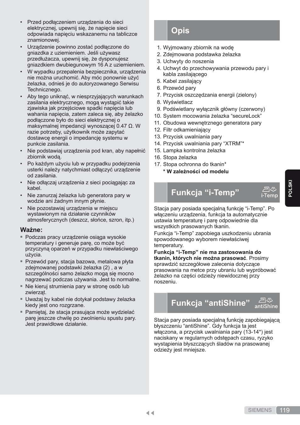 Opis, Funkcja “i-temp, Funkcja “antishine | Siemens TS45450 User Manual | Page 119 / 172