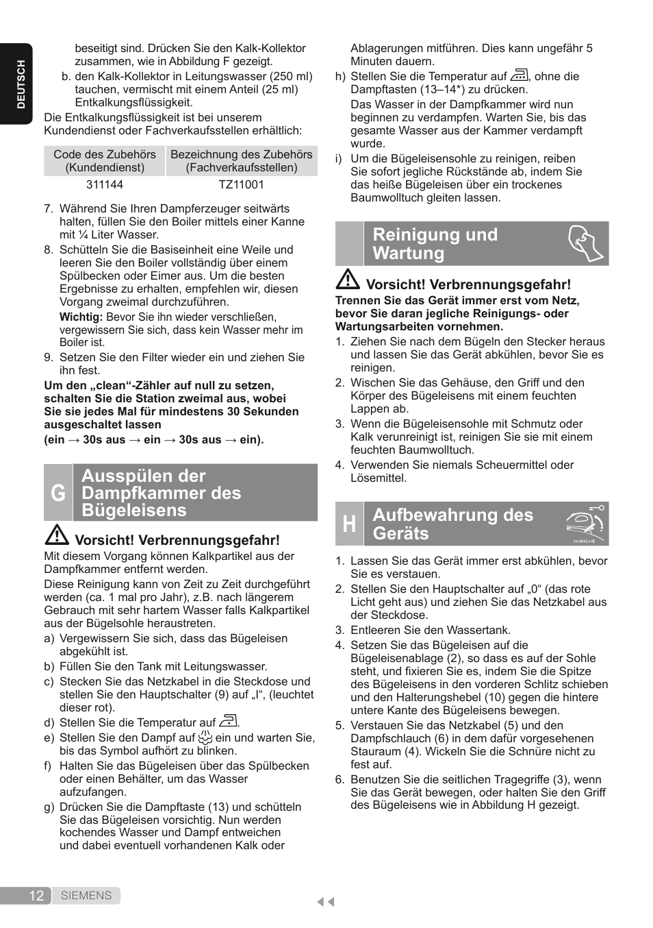 G. ausspülen der dampfkammer des bügeleisens, Reinigung und wartung, H. aufbewahrung des geräts | Ausspülen der dampfkammer des bügeleisens, Aufbewahrung des geräts | Siemens TS45450 User Manual | Page 12 / 172