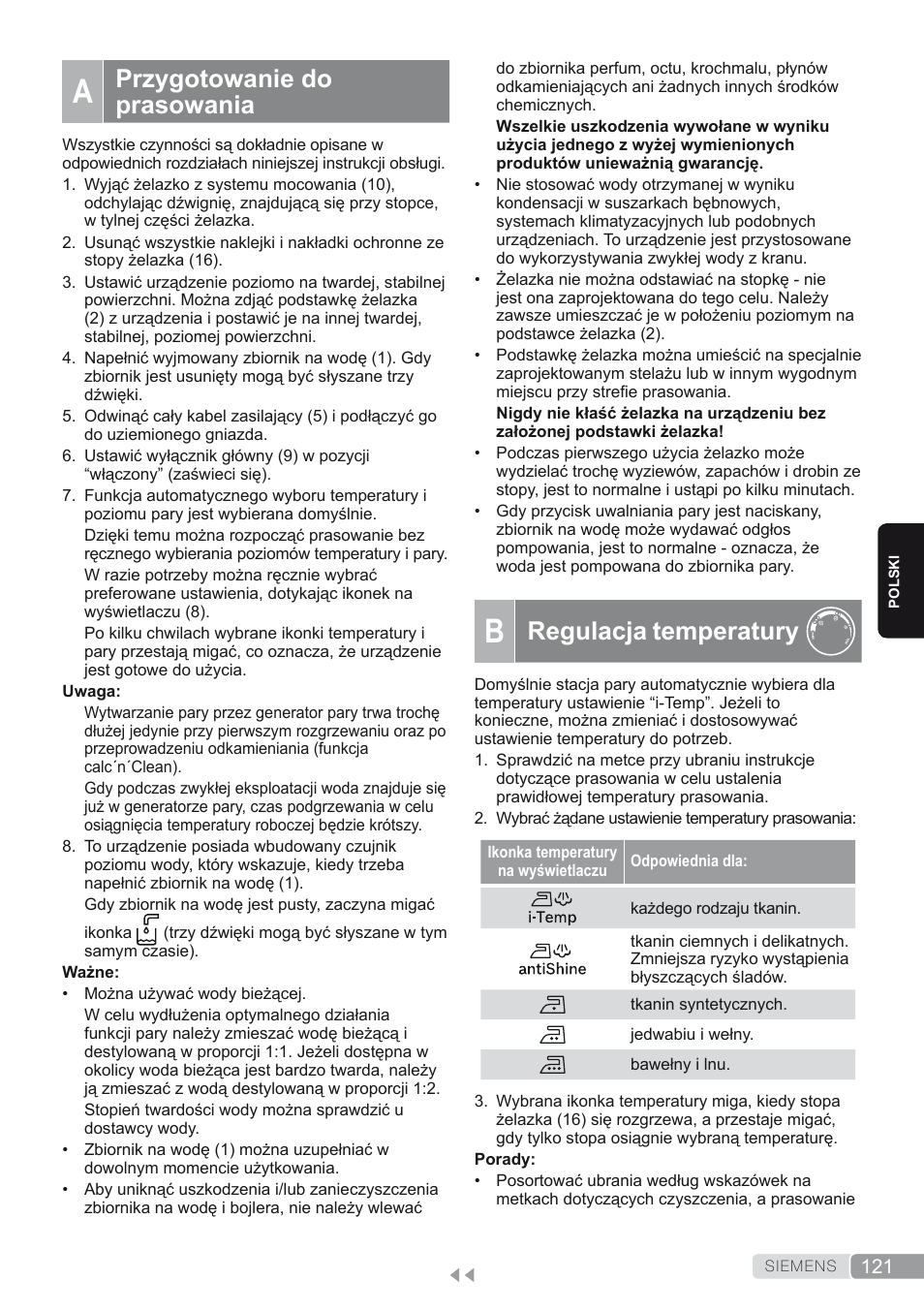 A. przygotowanie do prasowania, B. regulacja temperatury, Regulacja temperatury | Przygotowanie do prasowania | Siemens TS45450 User Manual | Page 121 / 172