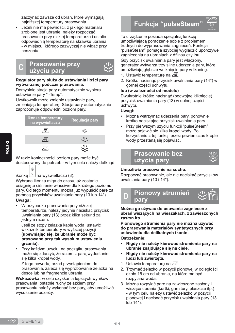 C. prasowanie przy użyciu pary, Funkcja “pulsesteam, Prasowanie bez użycia pary | D. pionowy strumień pary, Pionowy strumień pary, Prasowanie przy użyciu pary | Siemens TS45450 User Manual | Page 122 / 172