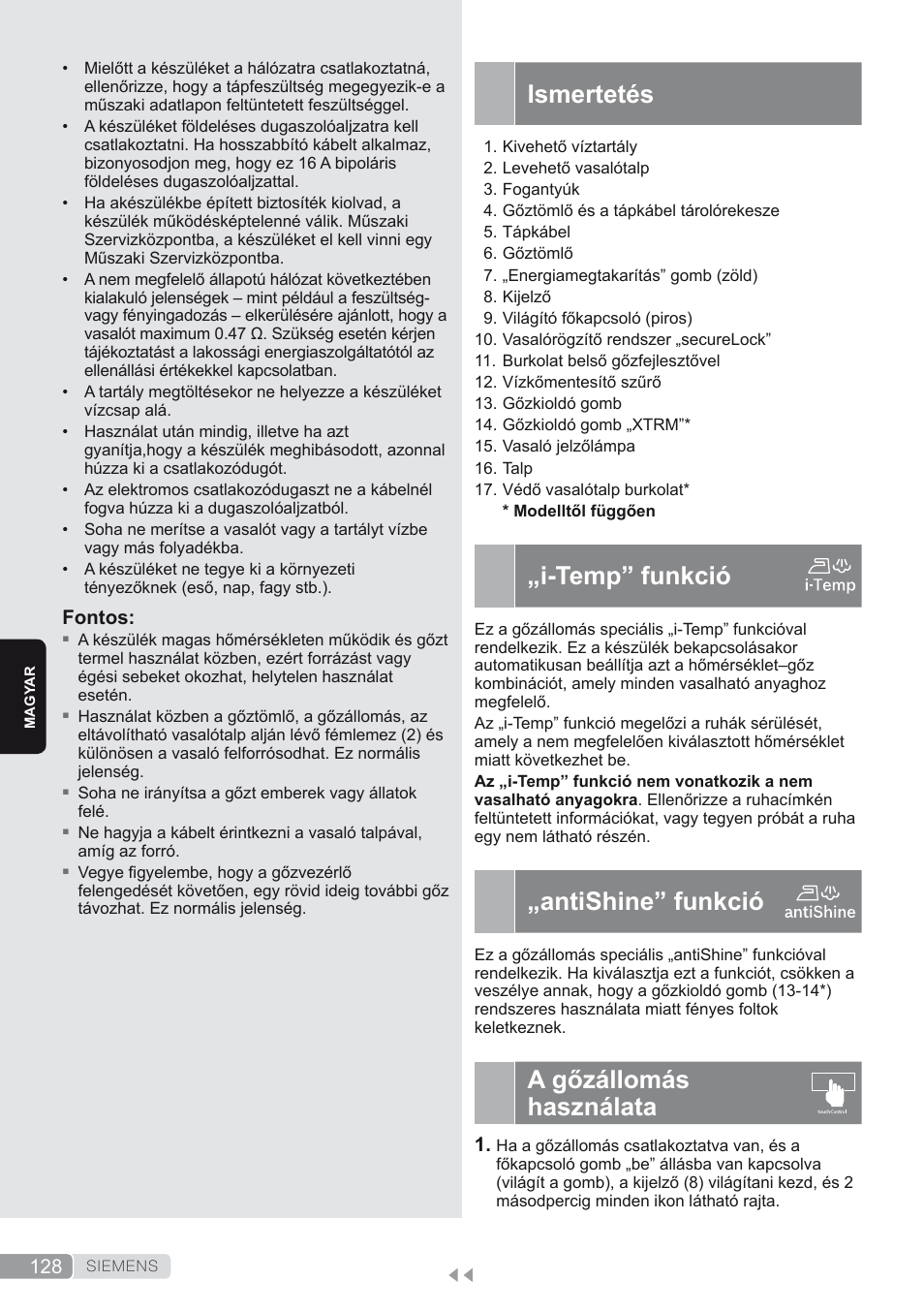 Ismertetés, I-temp” funkció, Antishine” funkció | A gőzállomás használata | Siemens TS45450 User Manual | Page 128 / 172