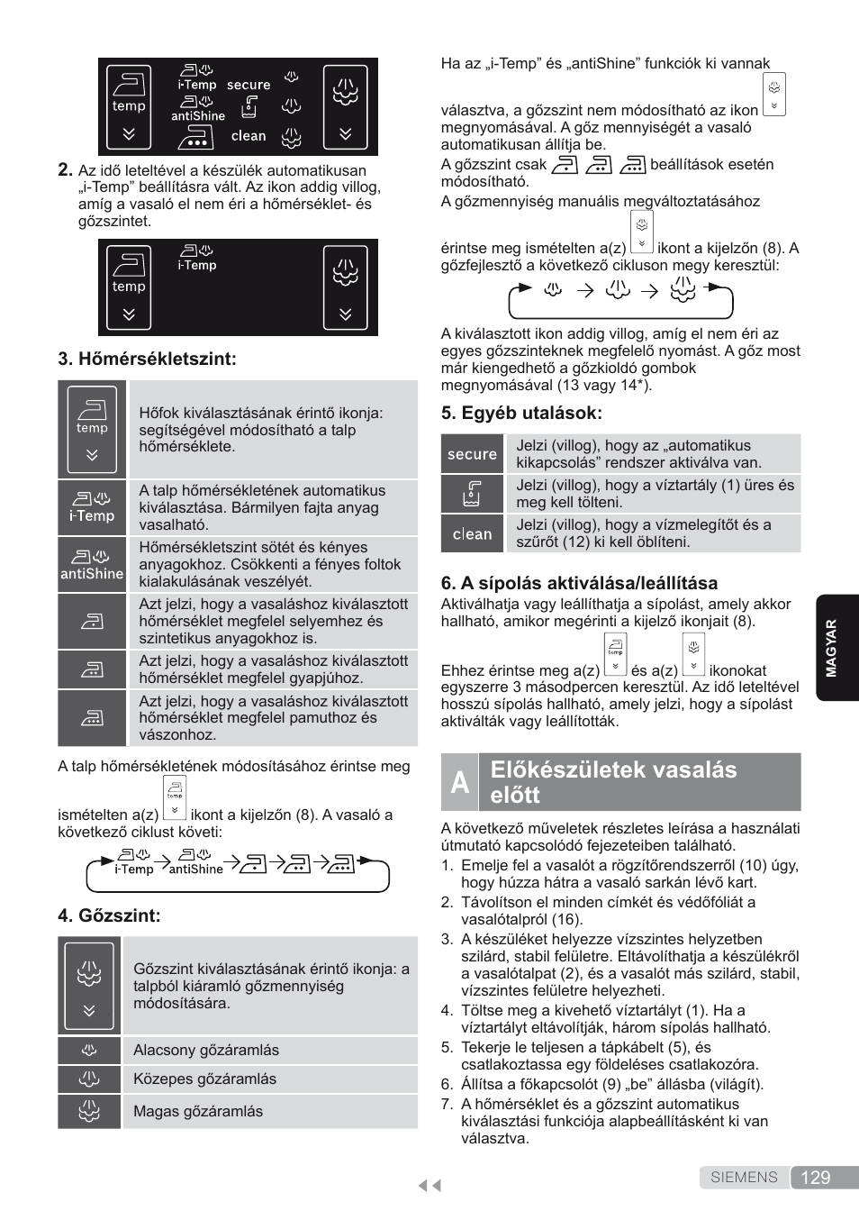 A. előkészületek vasalás előtt, Előkészületek vasalás előtt | Siemens TS45450 User Manual | Page 129 / 172