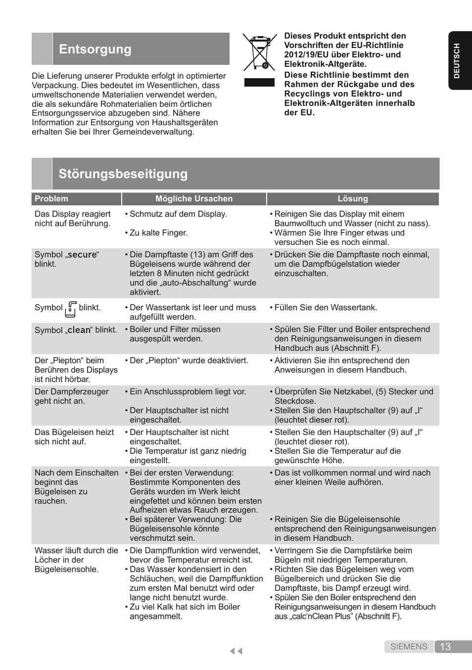 Entsorgung, Störungsbeseitigung | Siemens TS45450 User Manual | Page 13 / 172