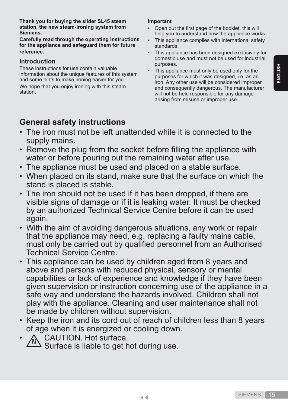 English, General safety instructions | Siemens TS45450 User Manual | Page 15 / 172