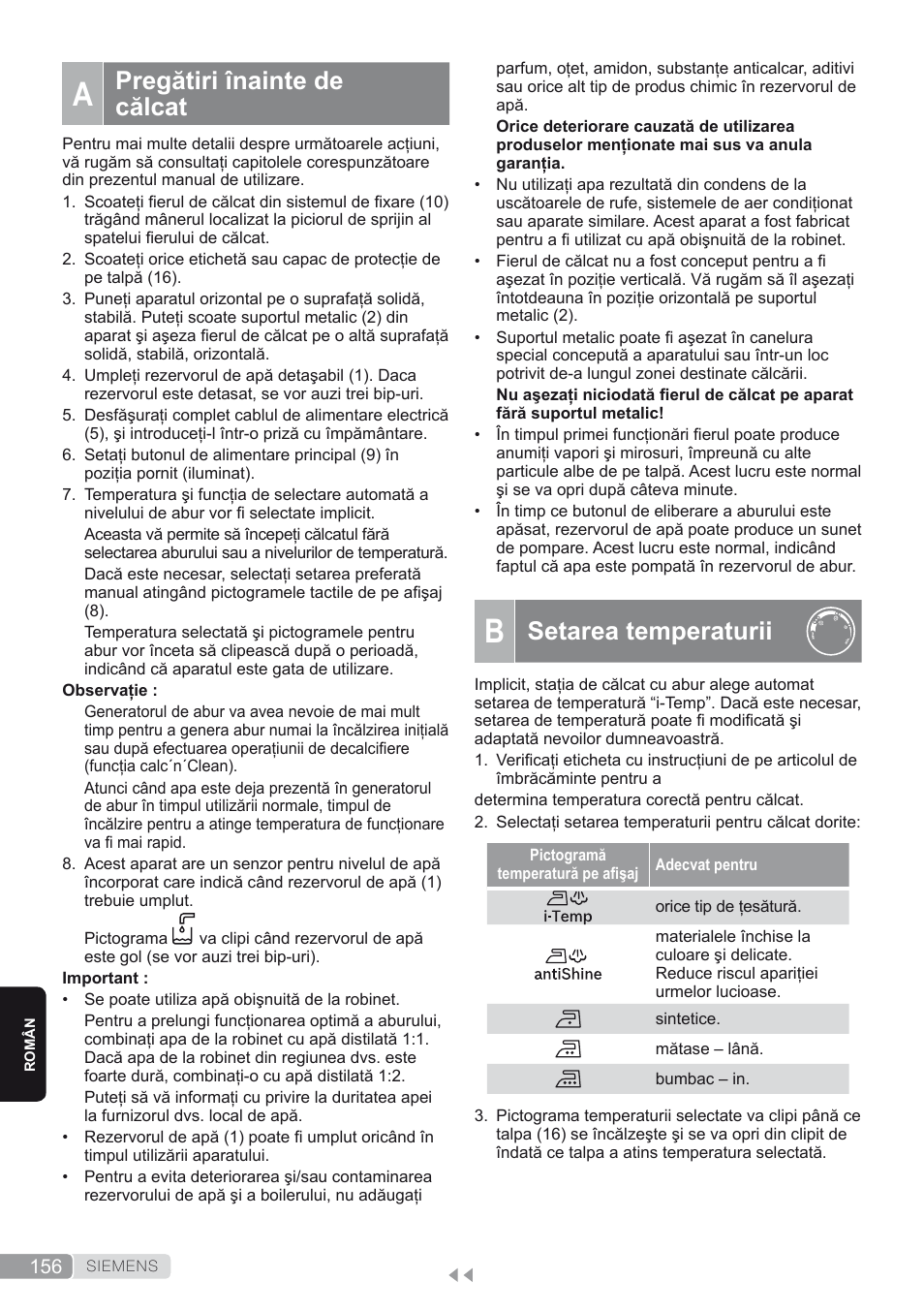 A. pregătiri înainte de călcat, B. setarea temperaturii, Setarea temperaturii | Pregătiri înainte de călcat | Siemens TS45450 User Manual | Page 156 / 172