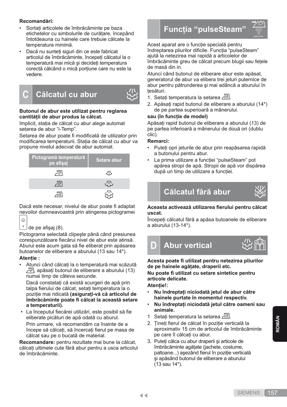 C. călcatul cu abur, Funcţia “pulsesteam, Călcatul fără abur | D. abur vertical, Abur vertical, Călcatul cu abur | Siemens TS45450 User Manual | Page 157 / 172