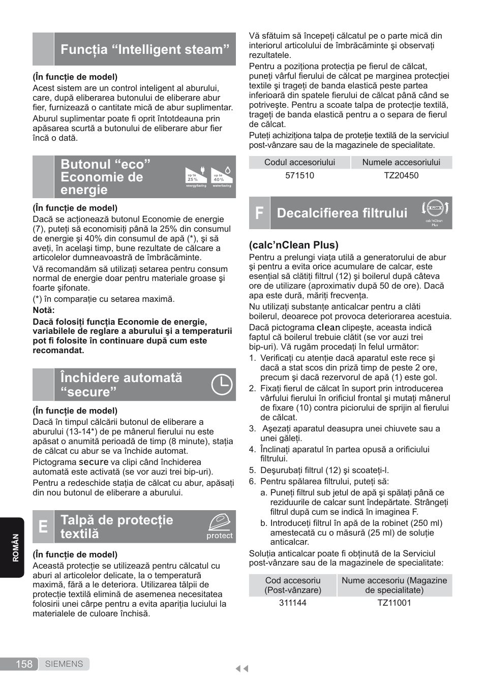 Funcţia “intelligent steam, Butonul “eco” economie de energie, Închidere automată “secure | E. talpă de protecţie textilă, F. decalcifierea filtrului, Decalcifierea filtrului, Talpă de protecţie textilă | Siemens TS45450 User Manual | Page 158 / 172