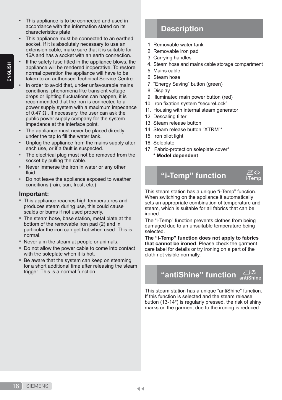 Description, I-temp” function, Antishine” function | Siemens TS45450 User Manual | Page 16 / 172