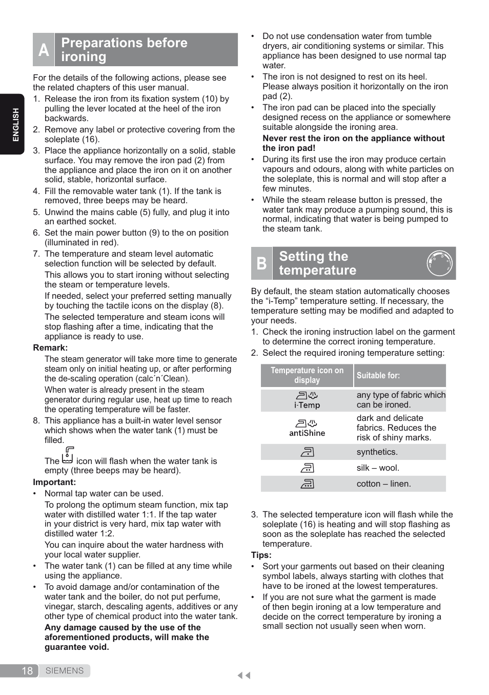 A. preparations before ironing, B. setting the temperature, Preparations before ironing | Setting the temperature | Siemens TS45450 User Manual | Page 18 / 172