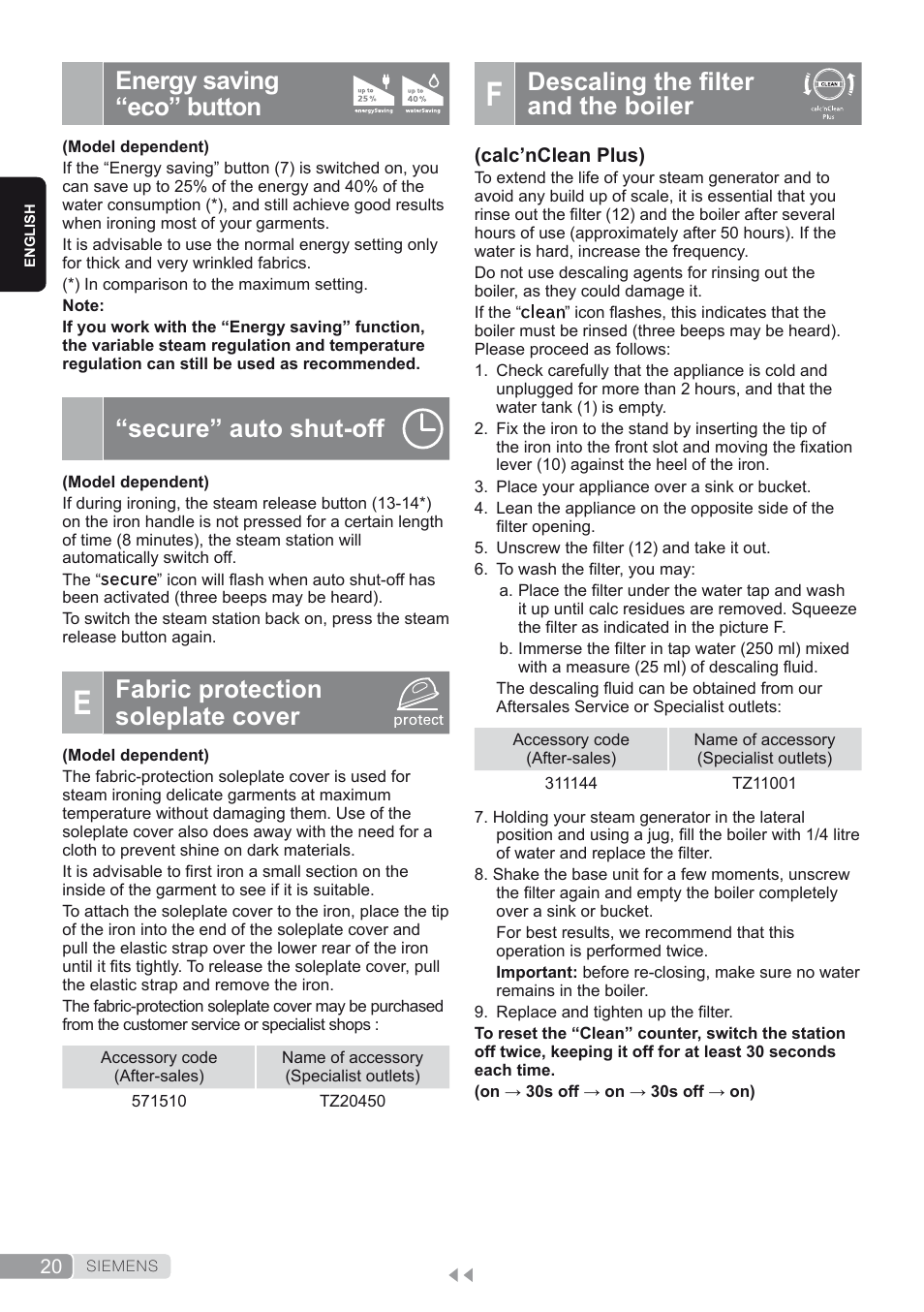 Energy saving “eco” button, Secure” auto shut-off, E. fabric protection soleplate cover | F. descaling the filter and the boiler, Descaling the filter and the boiler, Fabric protection soleplate cover | Siemens TS45450 User Manual | Page 20 / 172