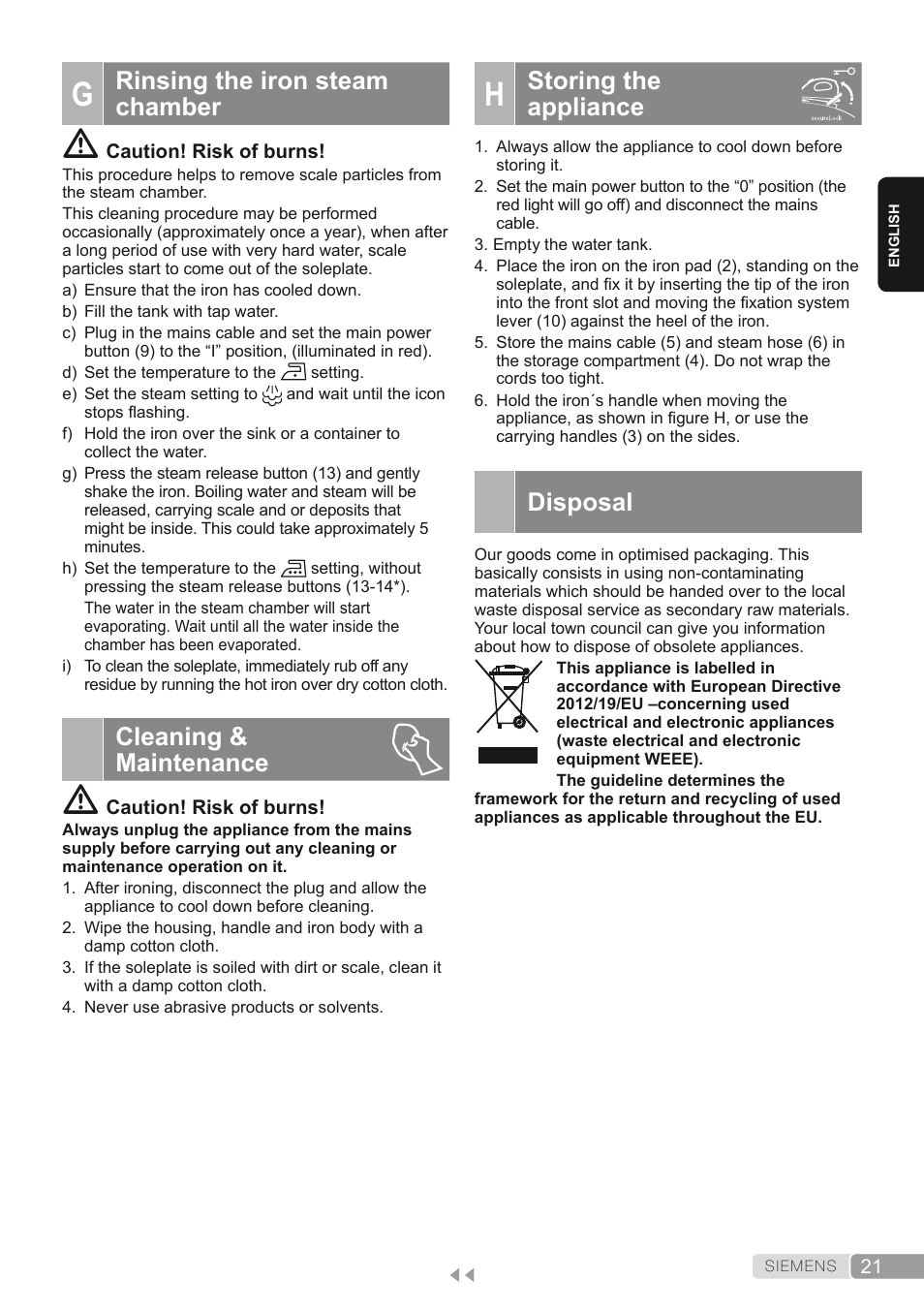 G. rinsing the iron steam chamber, Cleaning & maintenance, H. storing the appliance | Disposal, Storing the appliance, Rinsing the iron steam chamber | Siemens TS45450 User Manual | Page 21 / 172
