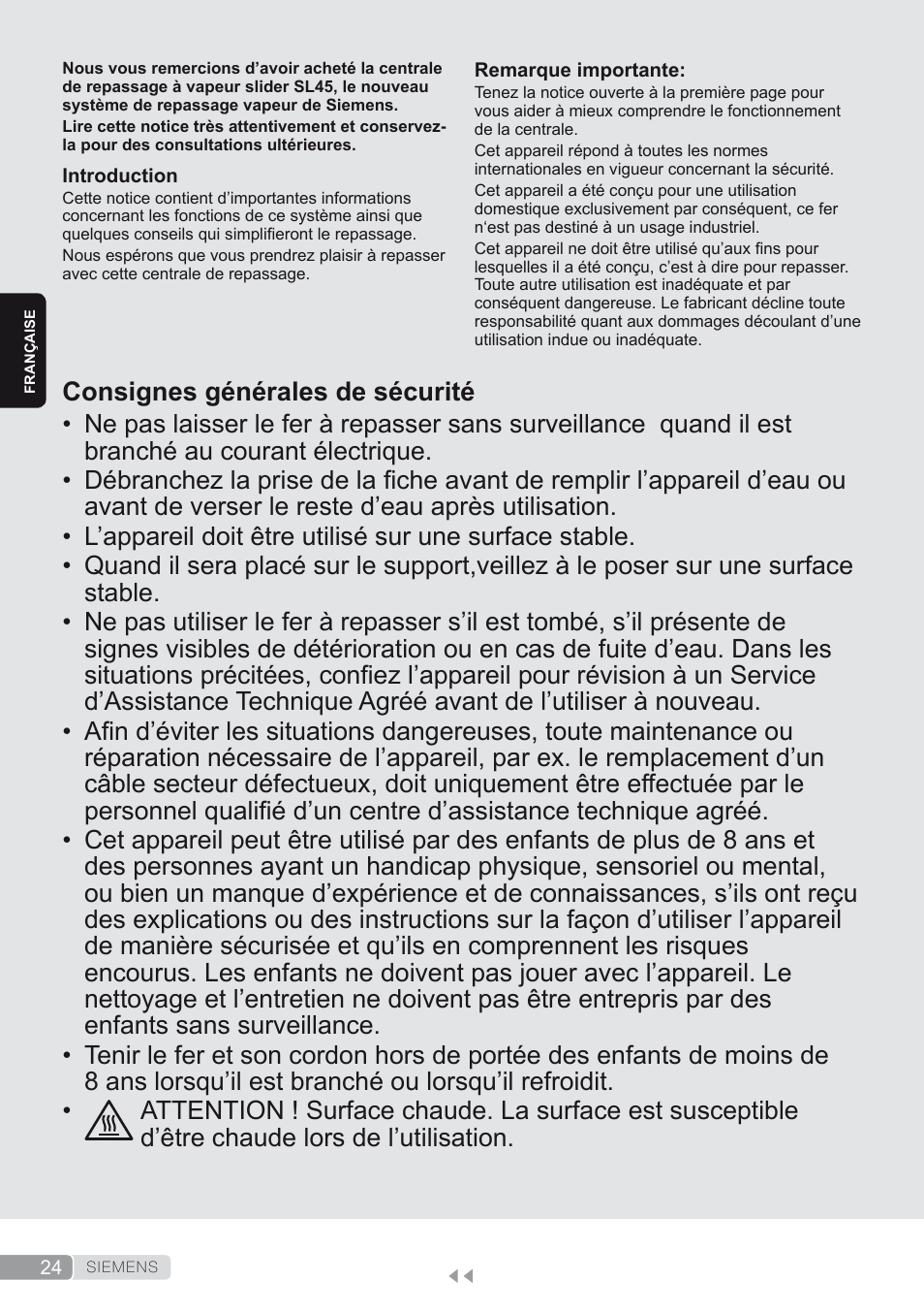 Française, Consignes générales de sécurité | Siemens TS45450 User Manual | Page 24 / 172