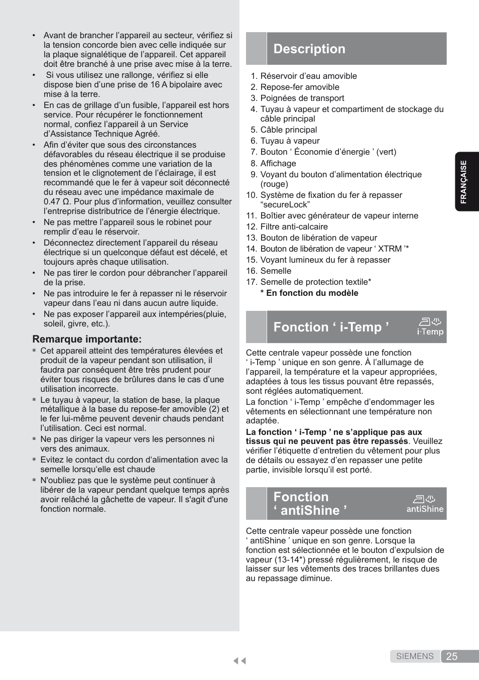 Description, Fonction ‘ i-temp, Fonction ‘ antishine | Siemens TS45450 User Manual | Page 25 / 172
