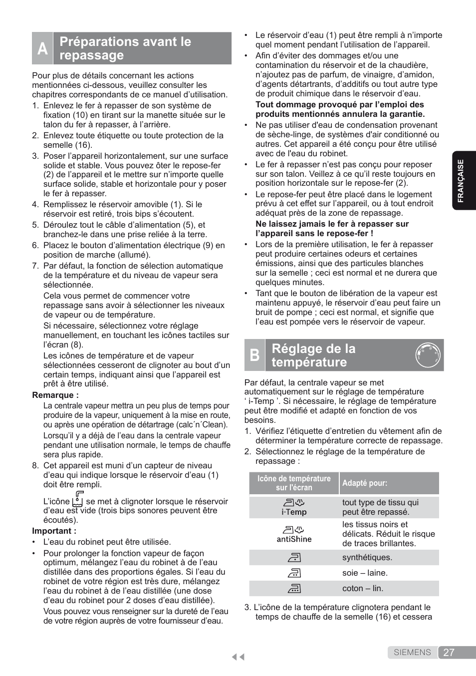 A. préparations avant le repassage, B. réglage de la température, Réglage de la température | Préparations avant le repassage | Siemens TS45450 User Manual | Page 27 / 172