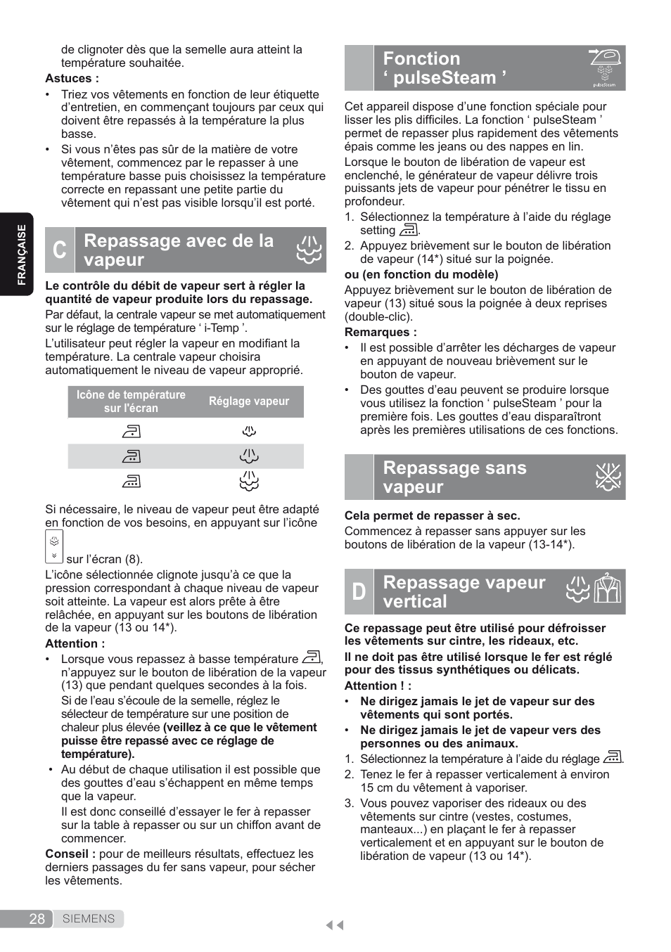 C. repassage avec de la vapeur, Fonction ‘ pulsesteam, Repassage sans vapeur | D. repassage vapeur vertical, Repassage vapeur vertical, Repassage avec de la vapeur | Siemens TS45450 User Manual | Page 28 / 172