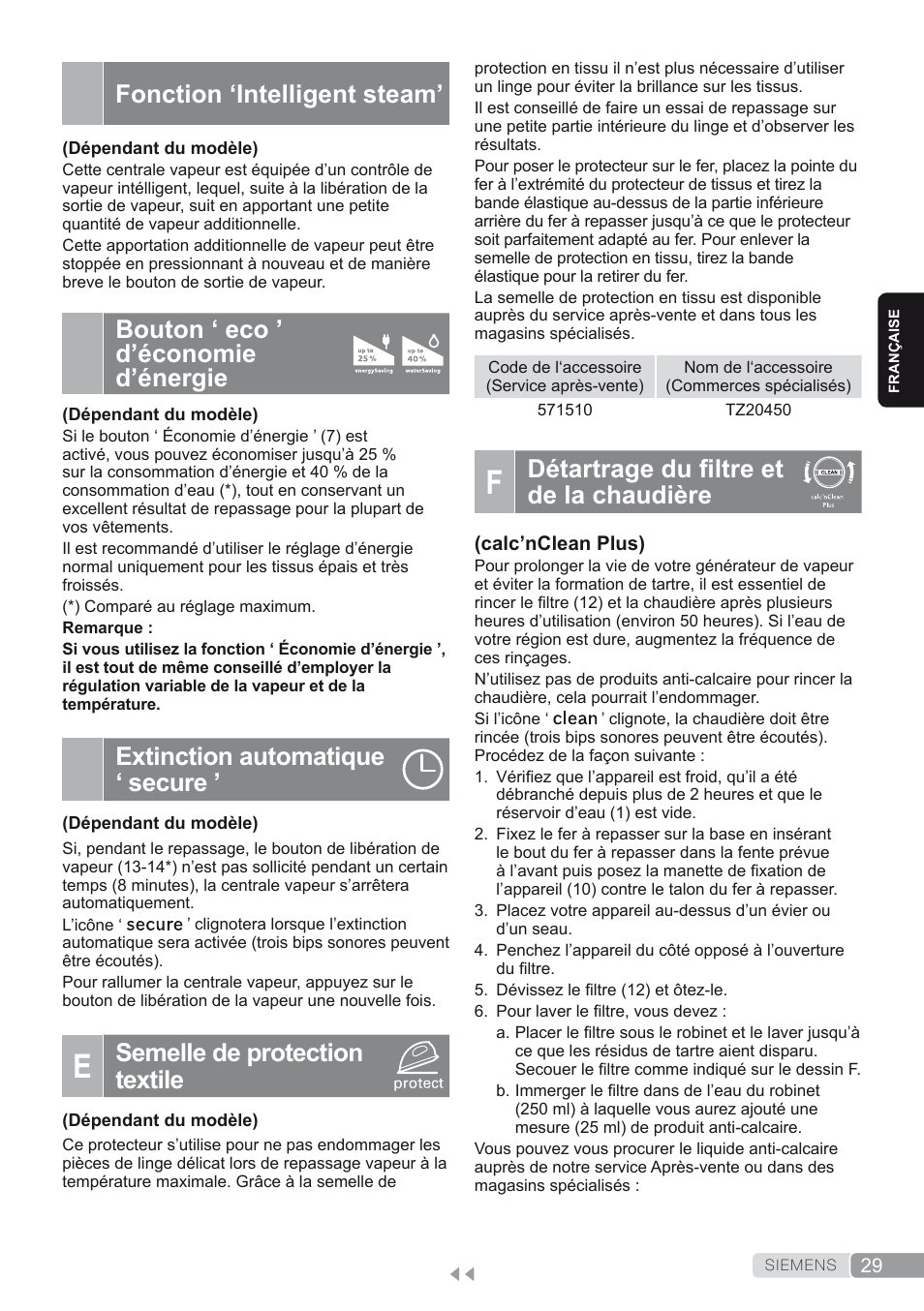 Fonction ‘intelligent steam, Bouton ‘ eco ’ d’économie d’énergie, Extinction automatique ‘ secure | E. semelle de protection textile, F. détartrage du filtre et de la chaudière, Détartrage du filtre et de la chaudière, Semelle de protection textile | Siemens TS45450 User Manual | Page 29 / 172
