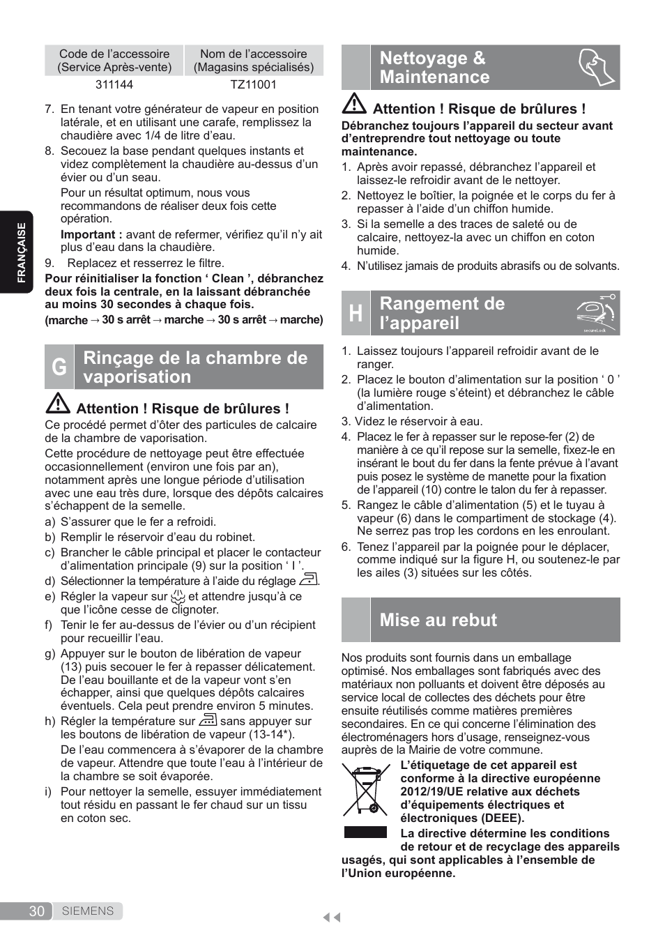 G. rinçage de la chambre de vaporisation, Nettoyage & maintenance, H. rangement de l’appareil | Mise au rebut, Rangement de l’appareil, Rinçage de la chambre de vaporisation | Siemens TS45450 User Manual | Page 30 / 172