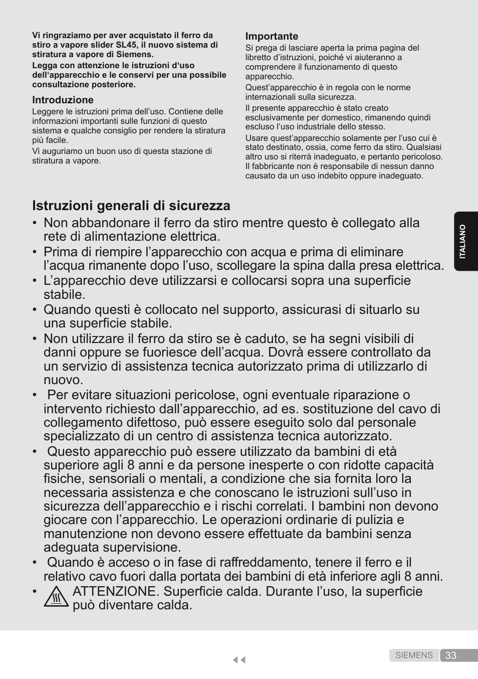 Italiano, Istruzioni generali di sicurezza | Siemens TS45450 User Manual | Page 33 / 172