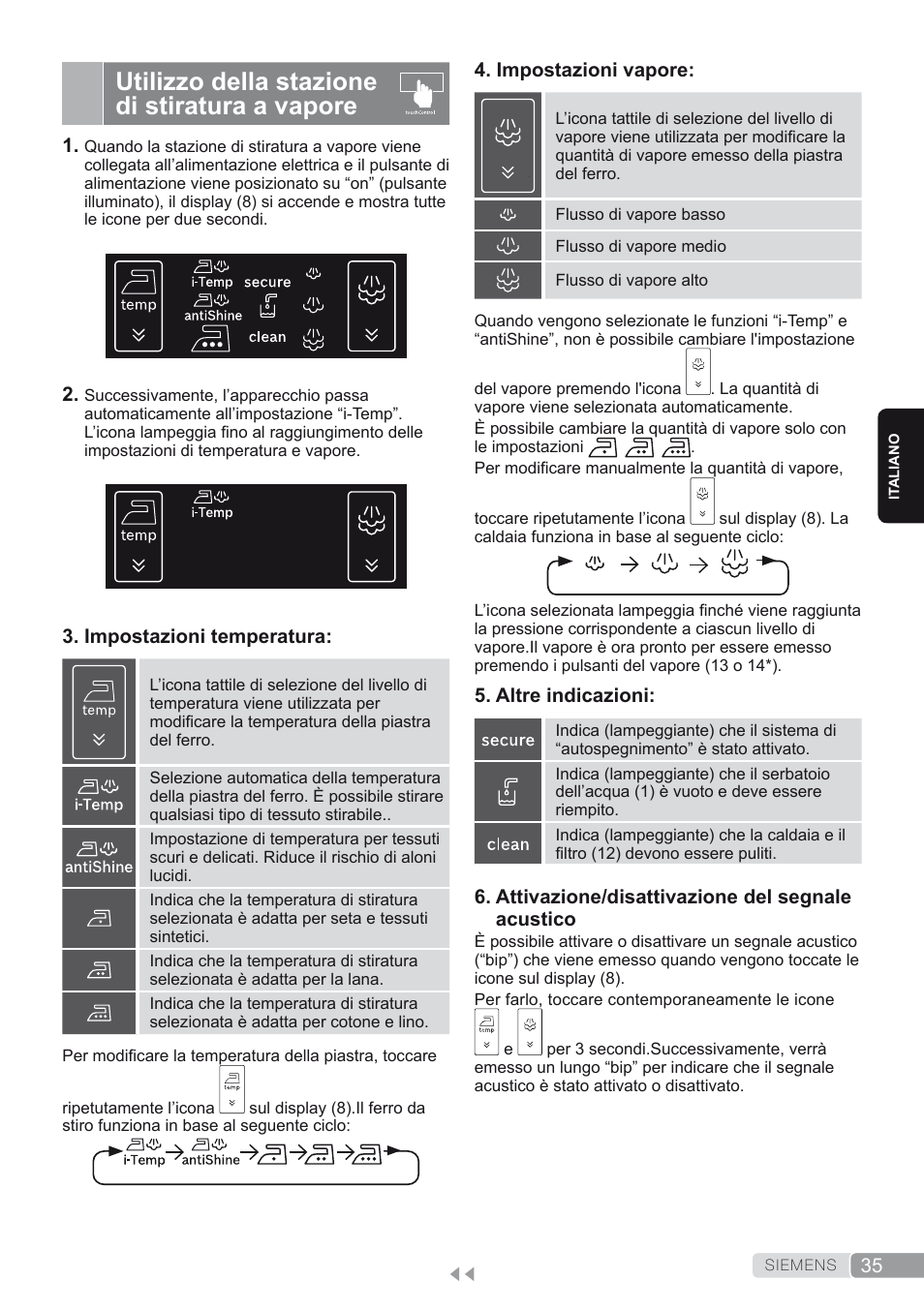 Utilizzo della stazione di stiratura a vapore | Siemens TS45450 User Manual | Page 35 / 172
