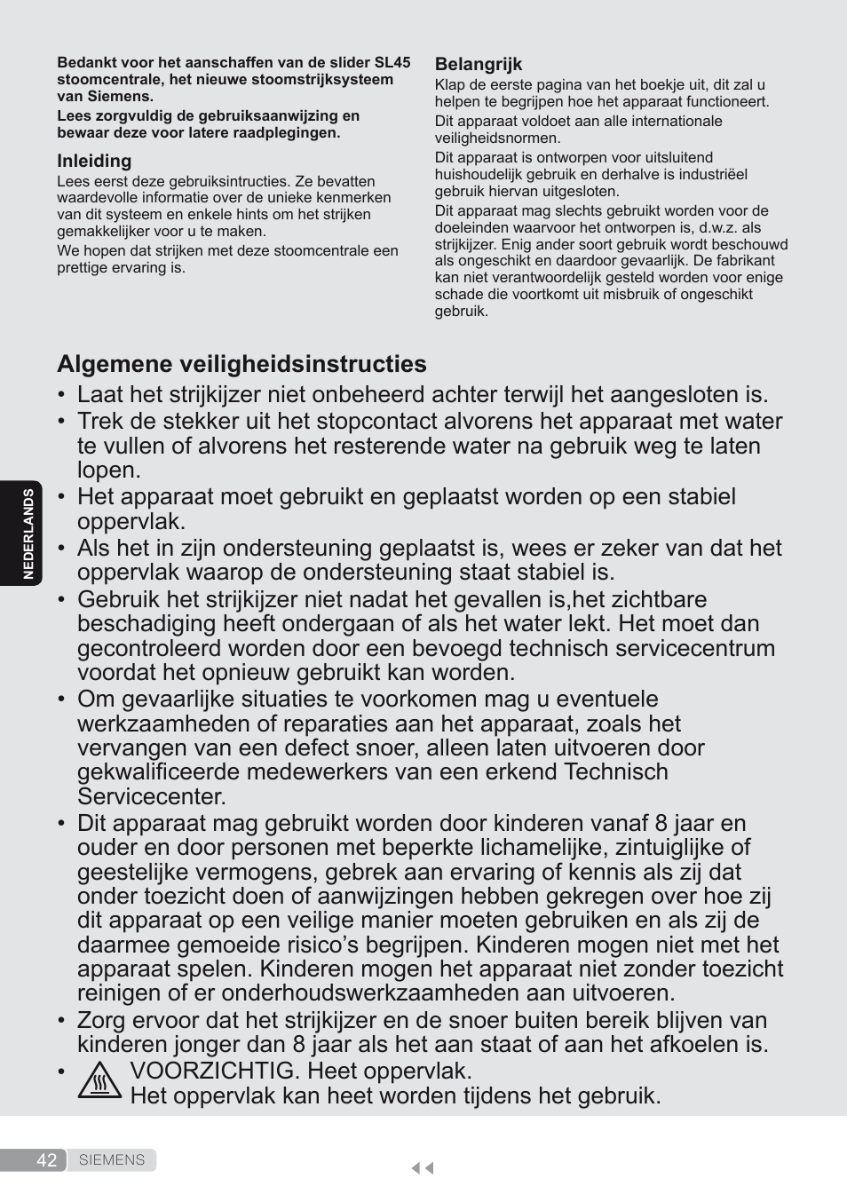 Nederlands, Algemene veiligheidsinstructies | Siemens TS45450 User Manual | Page 42 / 172