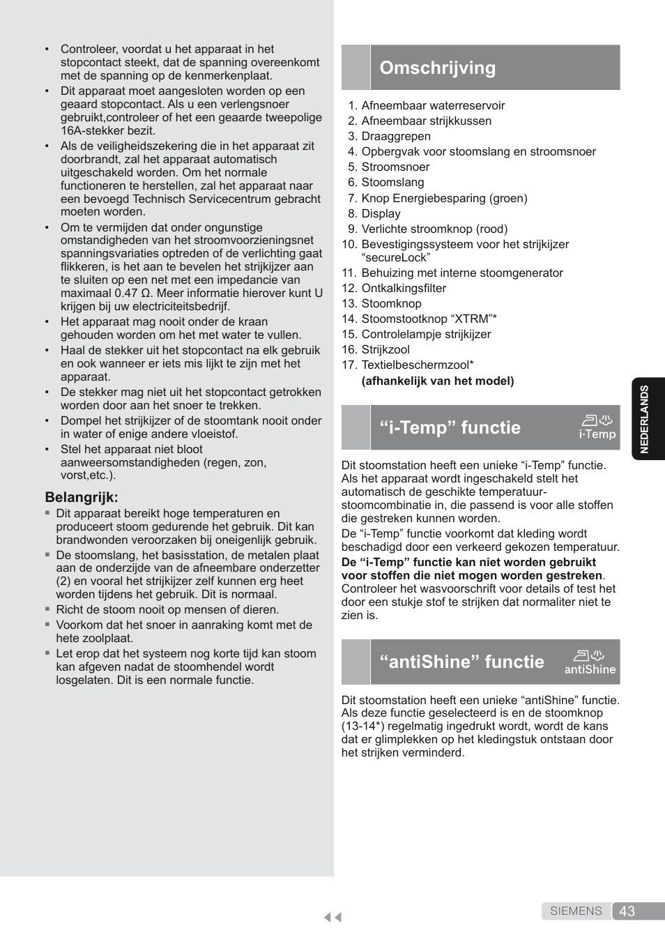 Omschrijving, I-temp” functie, Antishine” functie | Siemens TS45450 User Manual | Page 43 / 172