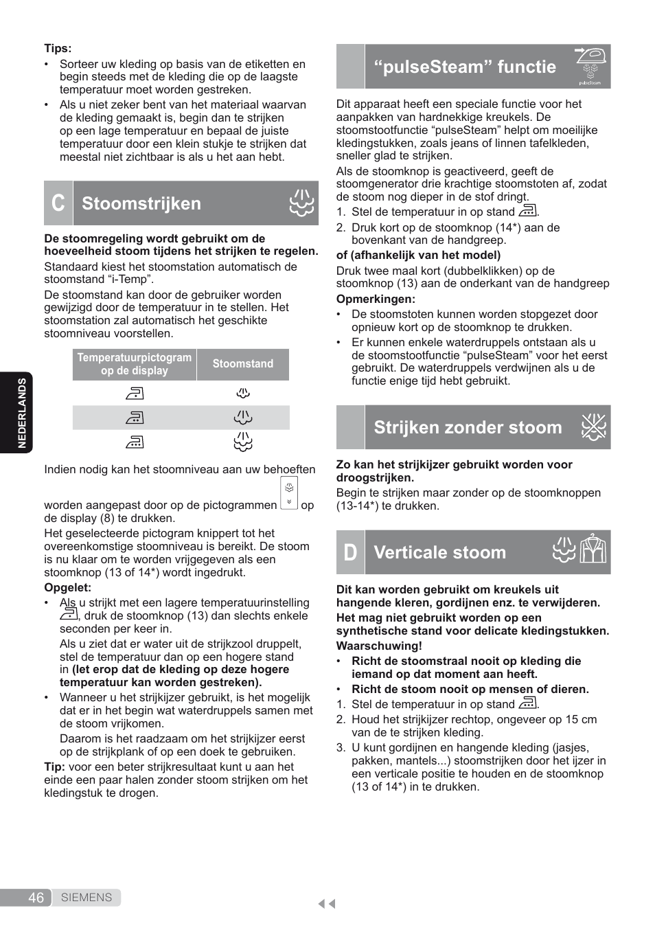 C. stoomstrijken, Pulsesteam” functie, Strijken zonder stoom | D. verticale stoom, Verticale stoom, Stoomstrijken | Siemens TS45450 User Manual | Page 46 / 172