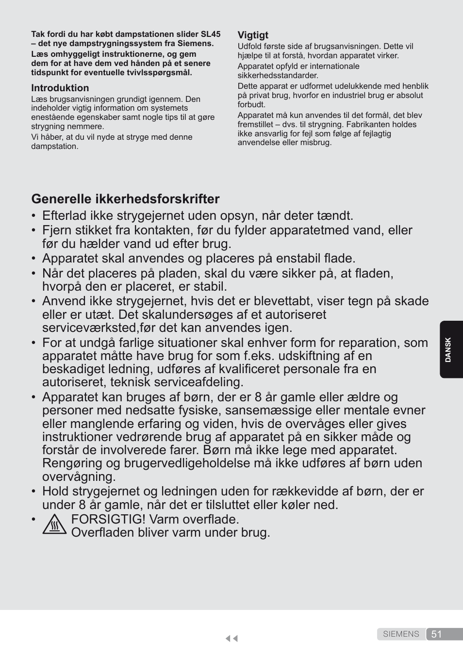 Dansk, Generelle ikkerhedsforskrifter | Siemens TS45450 User Manual | Page 51 / 172