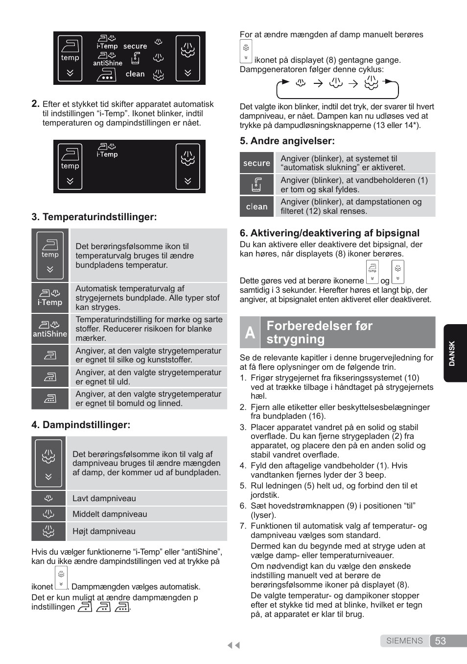 A. forberedelser før strygning, Forberedelser før strygning | Siemens TS45450 User Manual | Page 53 / 172
