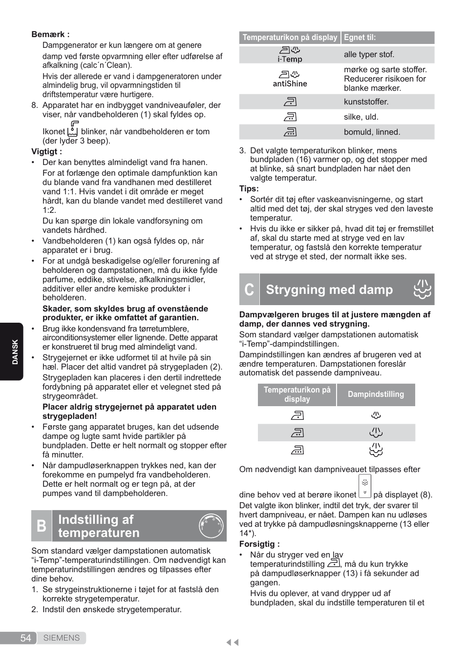 B. indstilling af temperaturen, C. strygning med damp, Indstilling af temperaturen | Strygning med damp | Siemens TS45450 User Manual | Page 54 / 172