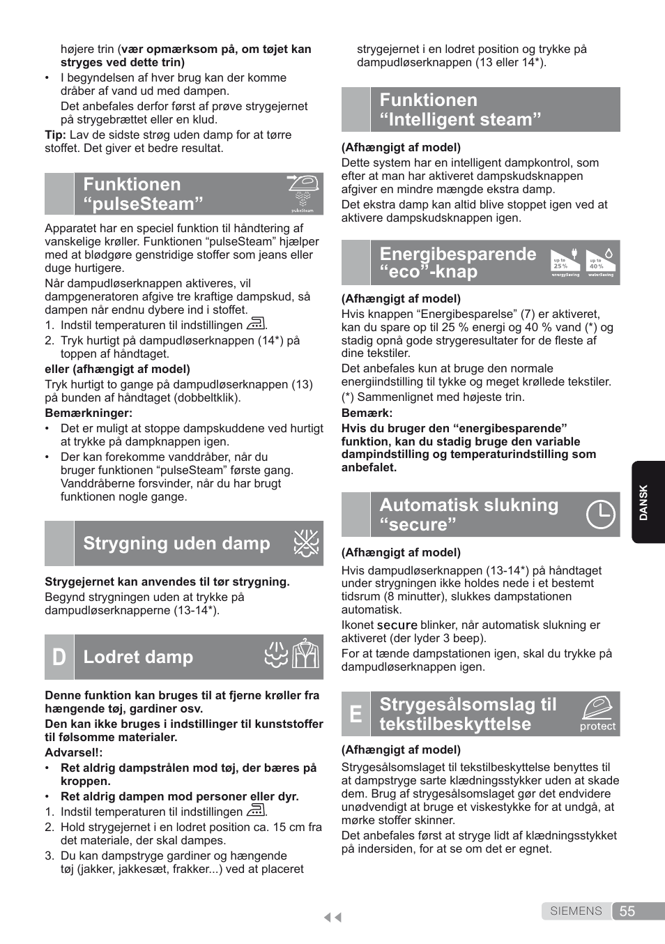Funktionen “pulsesteam, Strygning uden damp, D. lodret damp | Energibesparende “eco”-knap, Automatisk slukning “secure, E. strygesålsomslag til tekstilbeskyttelse, Funktionen “intelligent steam, Strygesålsomslag til tekstilbeskyttelse, Lodret damp | Siemens TS45450 User Manual | Page 55 / 172