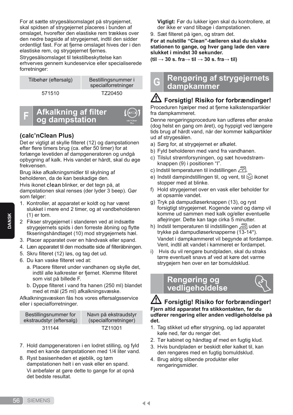 F. afkalkning af filter og dampstation, G. rengøring af strygejernets dampkammer, Rengøring og vedligeholdelse | Rengøring af strygejernets dampkammer, Afkalkning af filter og dampstation | Siemens TS45450 User Manual | Page 56 / 172