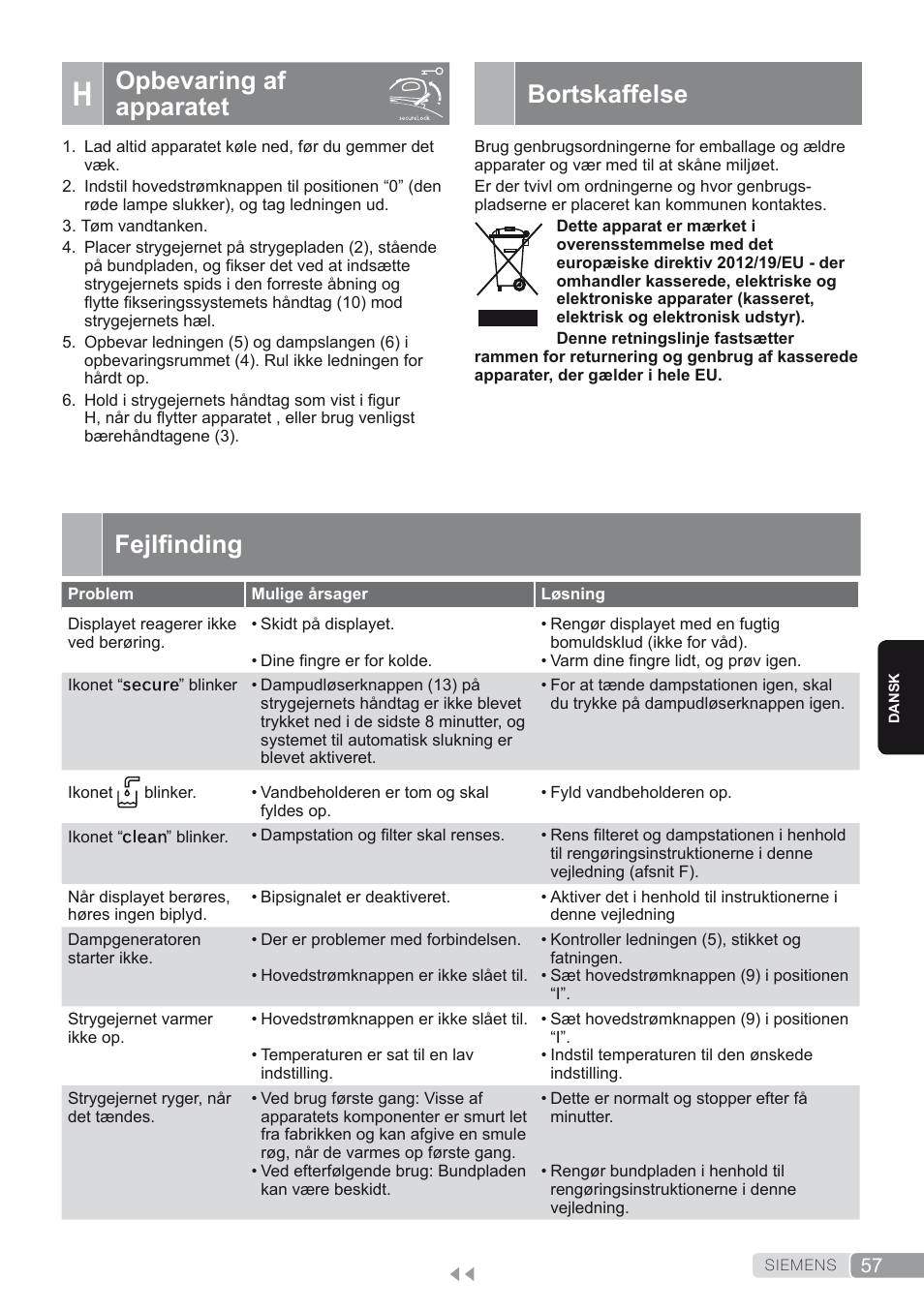 H. opbevaring af apparatet, Bortskaffelse, Fejlfinding | Opbevaring af apparatet | Siemens TS45450 User Manual | Page 57 / 172