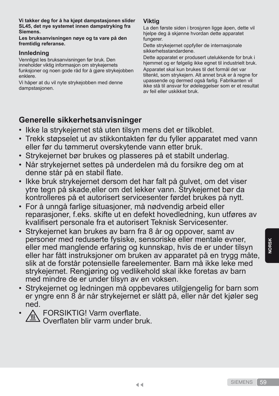 Norsk, Generelle sikkerhetsanvisninger | Siemens TS45450 User Manual | Page 59 / 172