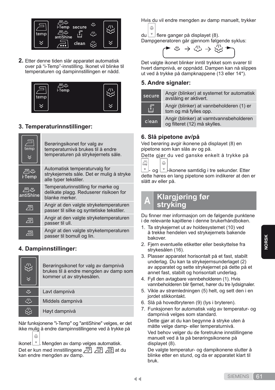 A. klargjøring før stryking, Klargjøring før stryking | Siemens TS45450 User Manual | Page 61 / 172