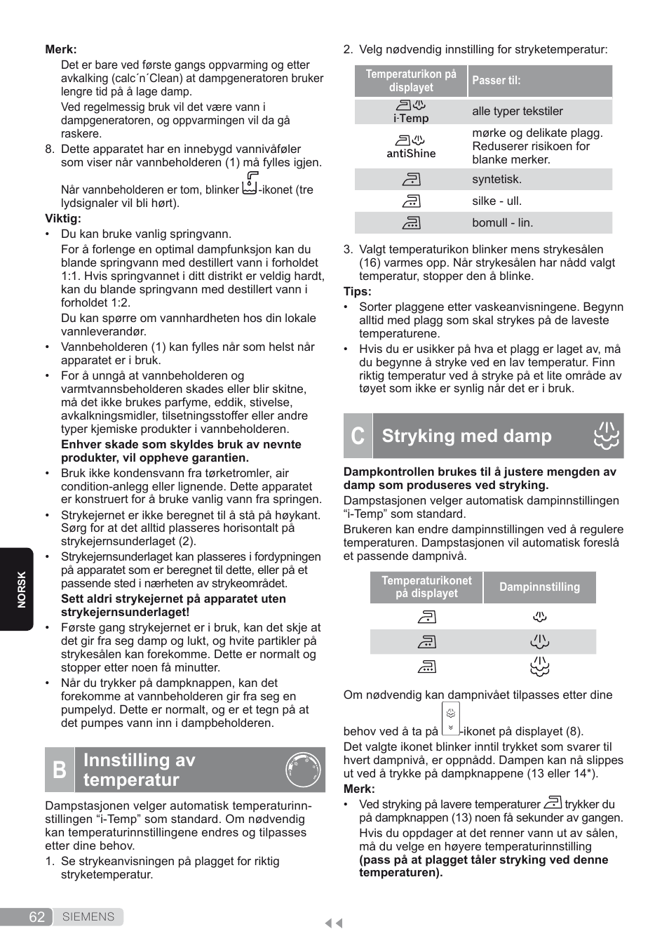 B. innstilling av temperatur, C. stryking med damp, Stryking med damp | Innstilling av temperatur | Siemens TS45450 User Manual | Page 62 / 172