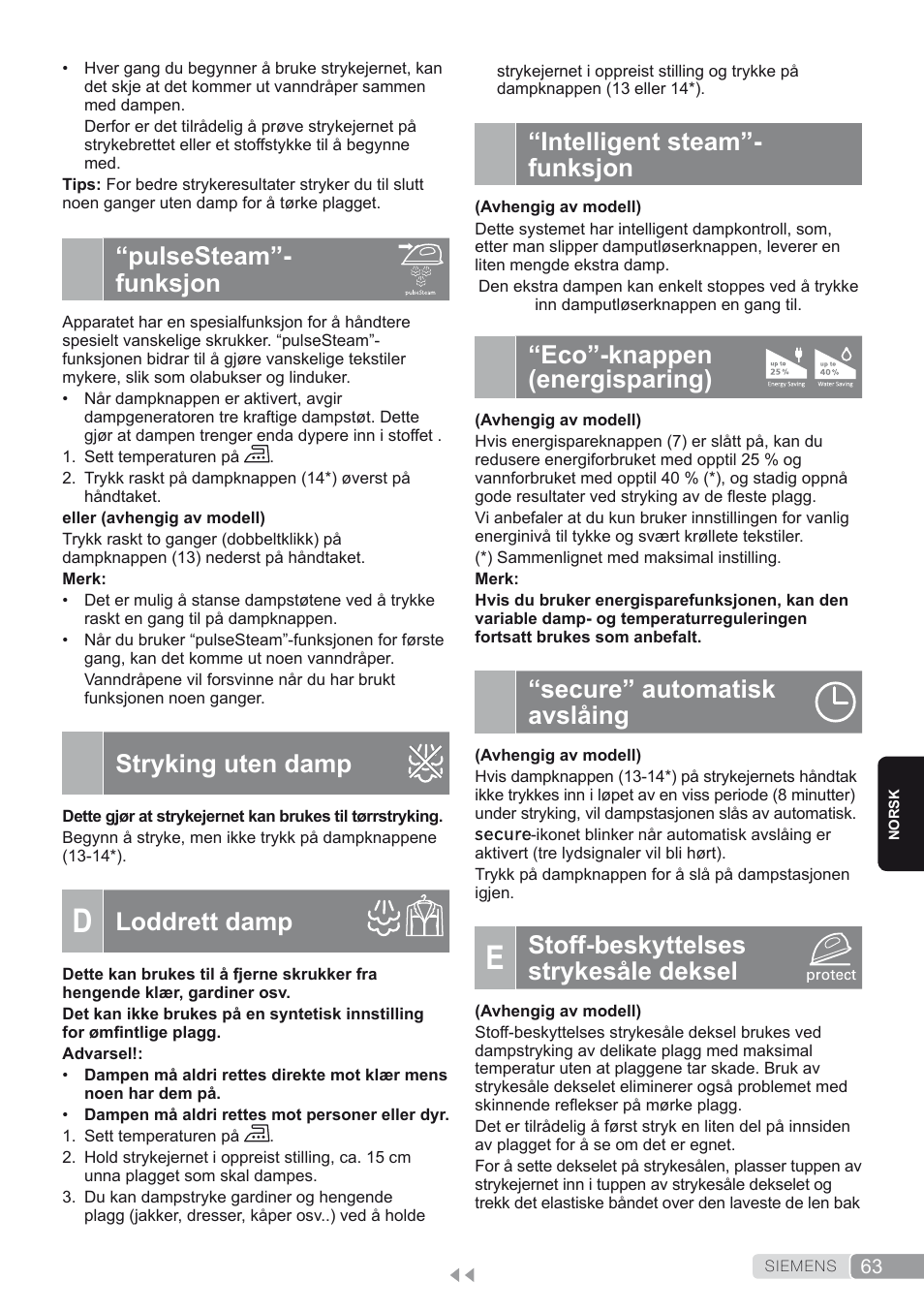 Pulsesteam”-funksjon, Stryking uten damp, D. loddrett damp | Intelligent steam”-funksjon, Eco”-knappen (energisparing), Secure” automatisk avslåing, E. stoff-beskyttelses strykesåle deksel, Intelligent steam”- funksjon, Stoff-beskyttelses strykesåle deksel, Pulsesteam”- funksjon | Siemens TS45450 User Manual | Page 63 / 172
