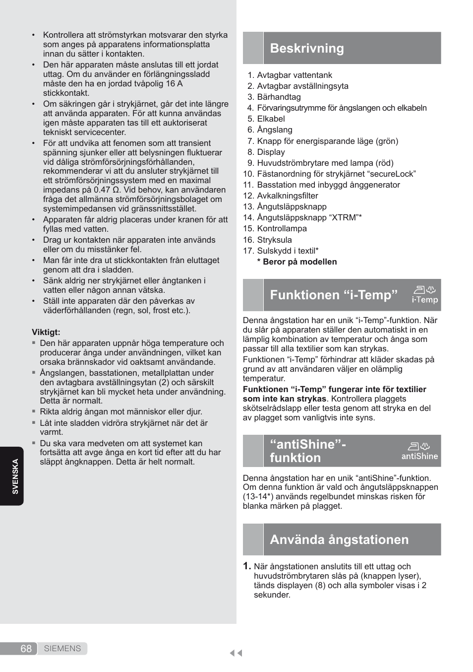 Beskrivning, Funktionen “i-temp, Antishine”- funktion | Använda ångstationen | Siemens TS45450 User Manual | Page 68 / 172