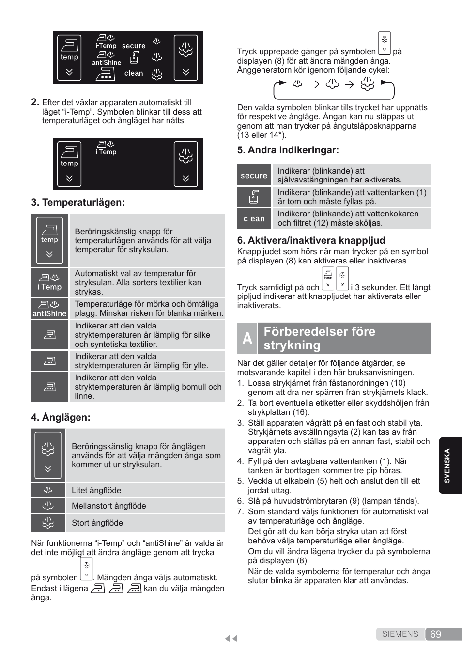 A. förberedelser före strykning, Förberedelser före strykning | Siemens TS45450 User Manual | Page 69 / 172
