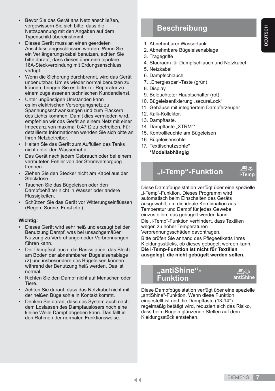 Beschreibung, I-temp“-funktion, Antishine“- funktion | Siemens TS45450 User Manual | Page 7 / 172