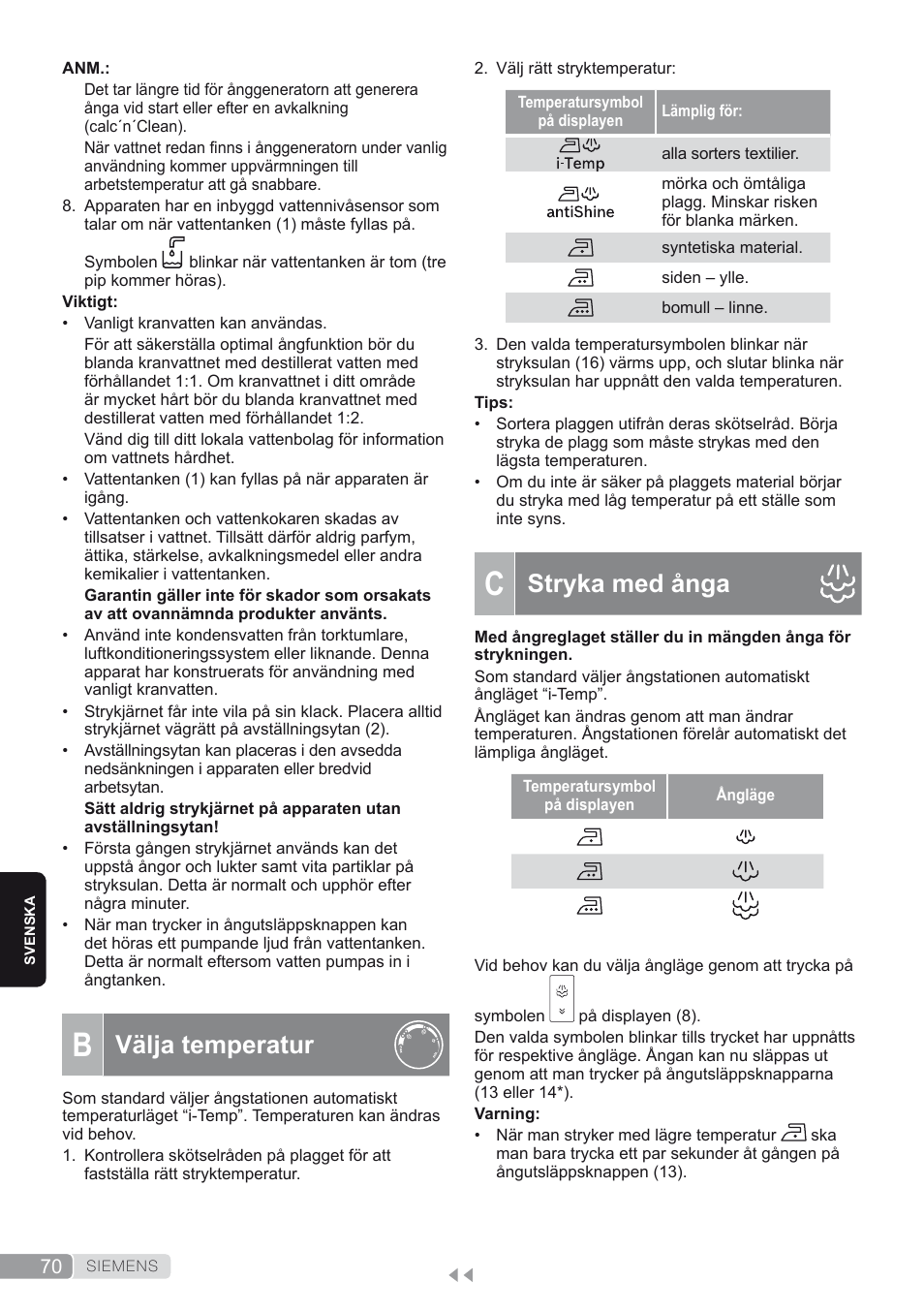 B. välja temperatur, C. stryka med ånga, Stryka med ånga | Välja temperatur | Siemens TS45450 User Manual | Page 70 / 172