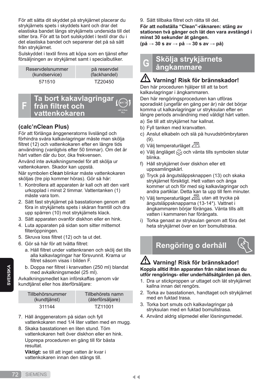 G. skölja strykjärnets ångkammare, Rengöring o derhåll, Skölja strykjärnets ångkammare | Siemens TS45450 User Manual | Page 72 / 172